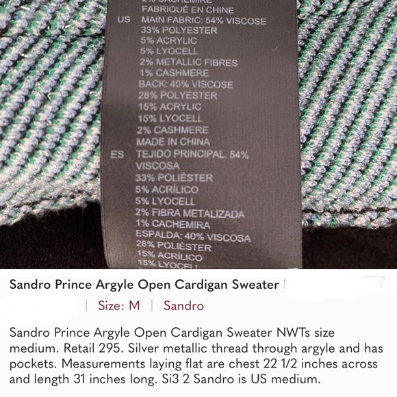 Sandro Prince Argyle Open Cardigan Sweater (Size 2 / Med) - Picture 6 of 8